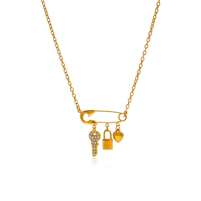 Luna♡ Luna Safety Pin Charm Necklace – 18K Gold Plated Lock, Key & Heart