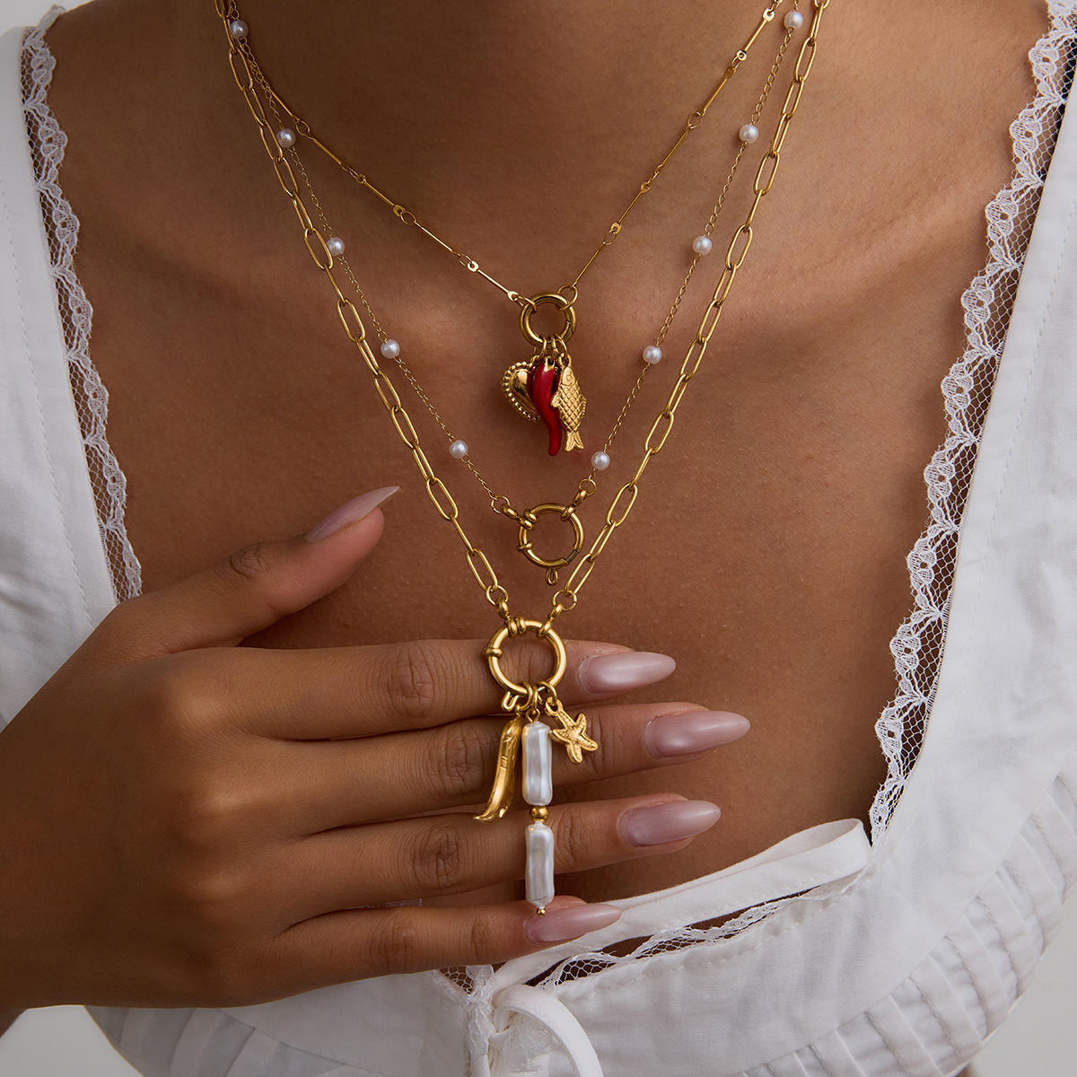 Mediterranean Charm Necklace – 18K Gold Plated Heart, Fish & Red Chili Pendant Chain