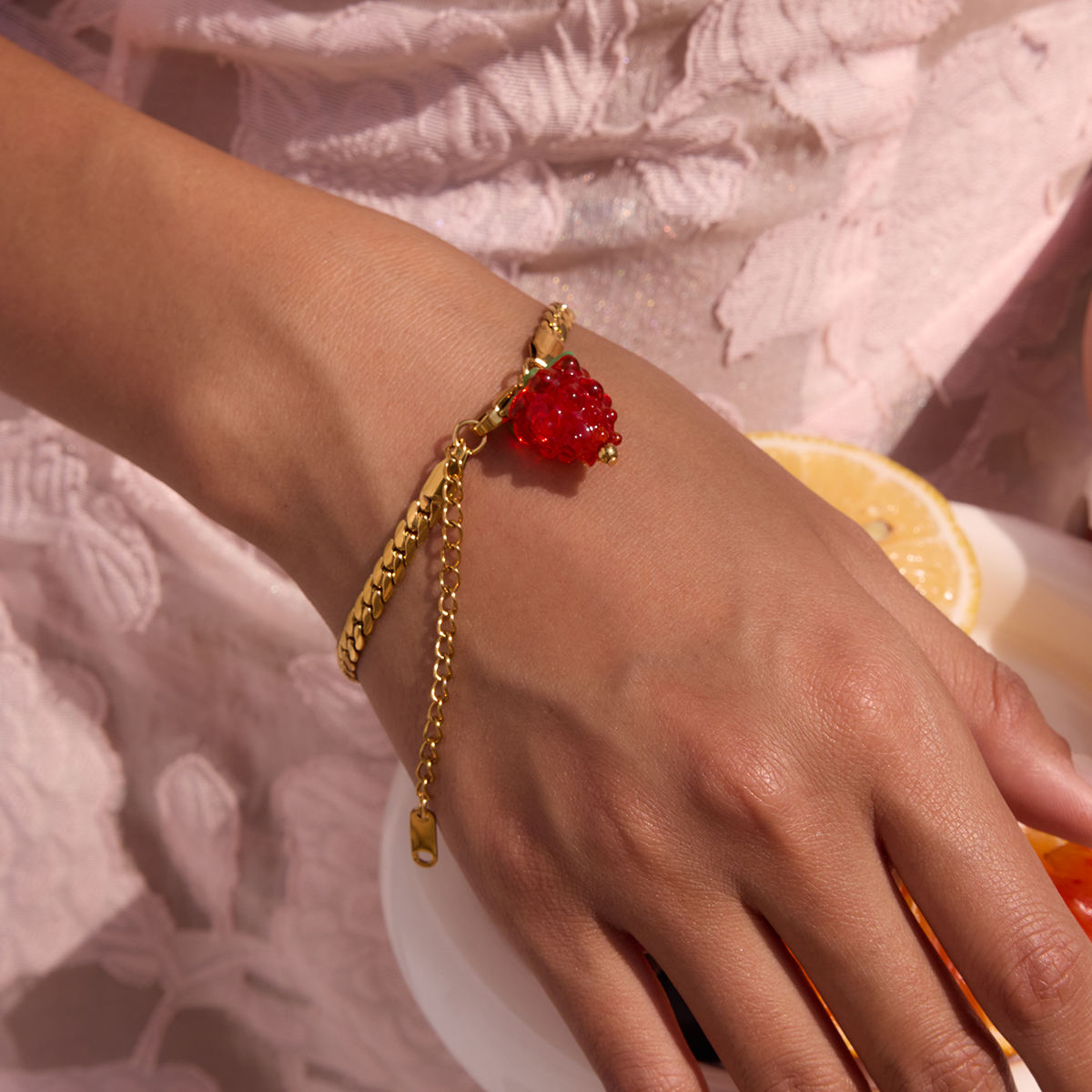 Berry Charm Gold Chain Bracelet – 18K Gold Plated Fruit Charm Bracelet for Women