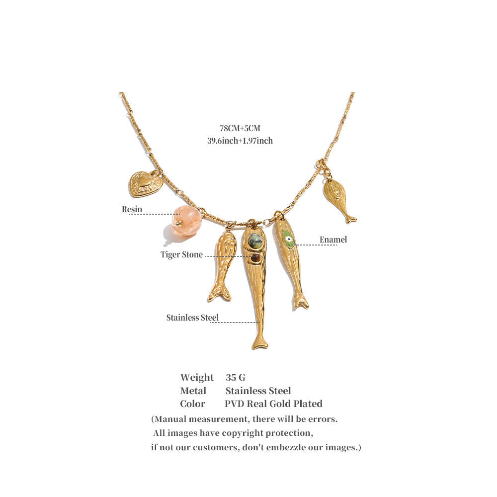 Golden Fish & Feather Charm Statement Necklace