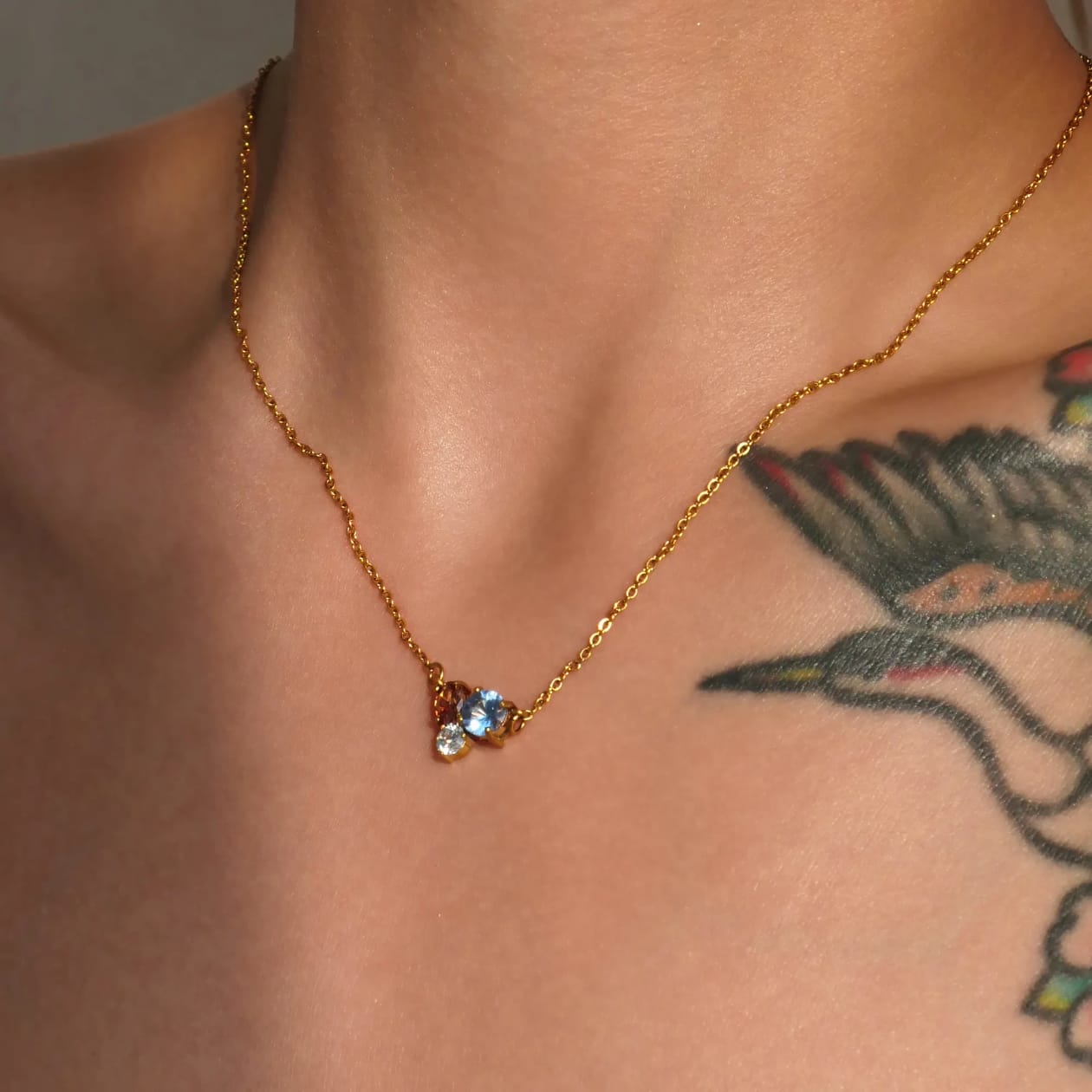 Tri-Color Crystal Pendant Necklace – 18K Gold-Plated Minimal Chain