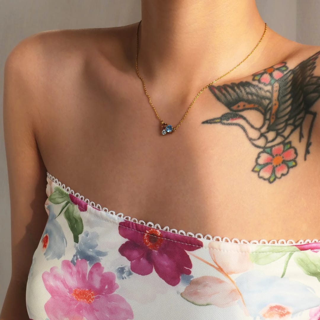 Tri-Color Crystal Pendant Necklace – 18K Gold-Plated Minimal Chain