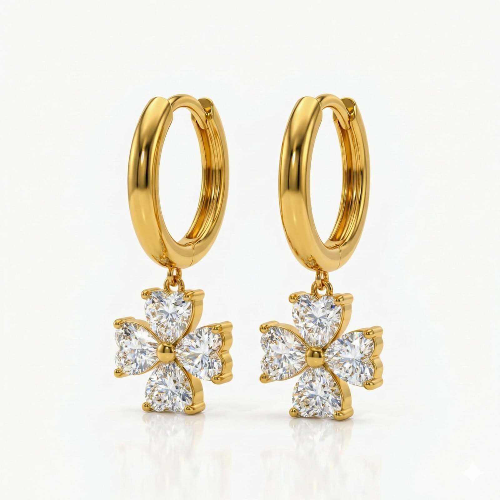 4 Petals Flower 18K PVD Gold Plated CZ Hoop Drop Earrings