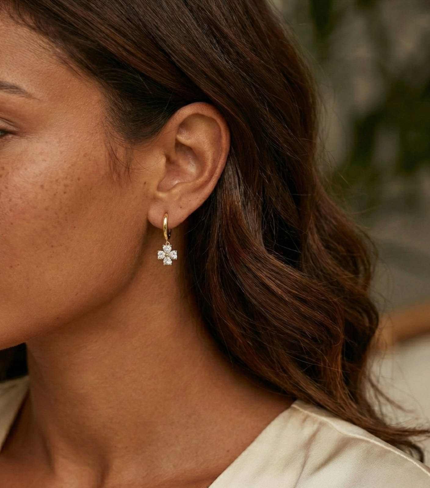 4 Petals Flower 18K PVD Gold Plated CZ Hoop Drop Earrings