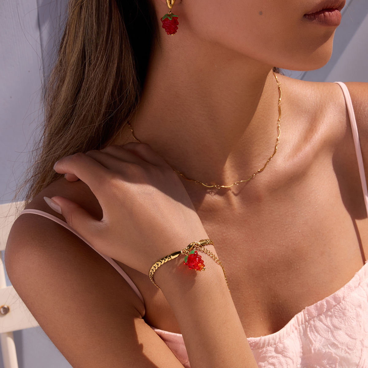 Berry Charm Gold Chain Bracelet – 18K Gold Plated Fruit Charm Bracelet for Women