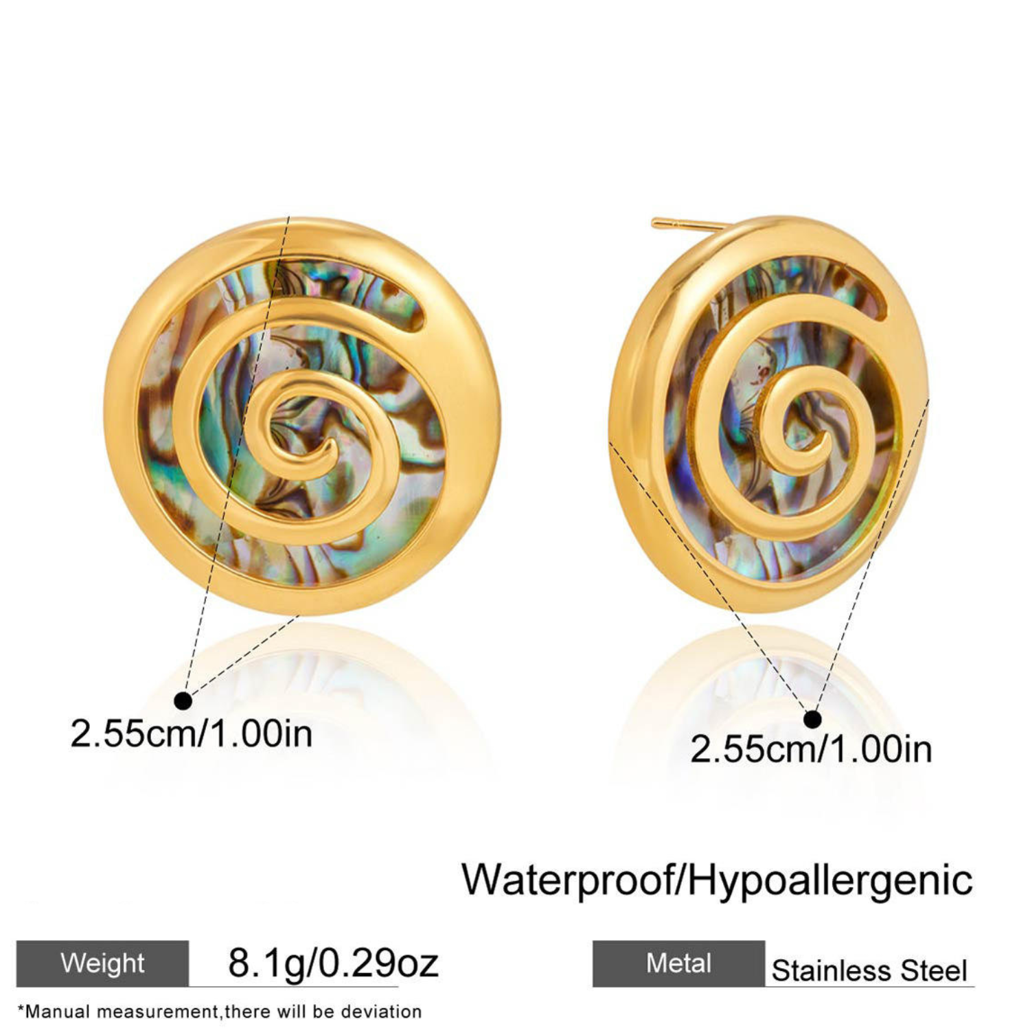 Élodie Abalone Spiral Earrings – 18K PVD Gold Plated Waterproof Studs