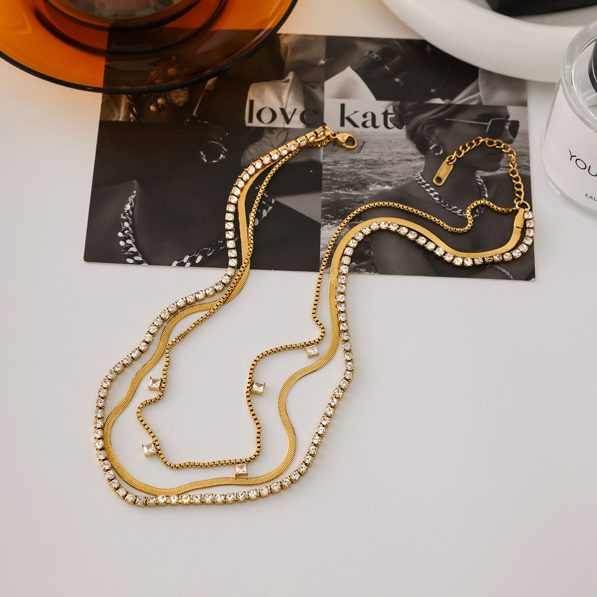Lilly- Zircon Pendant Rhinestone Chain 3-layer Necklace