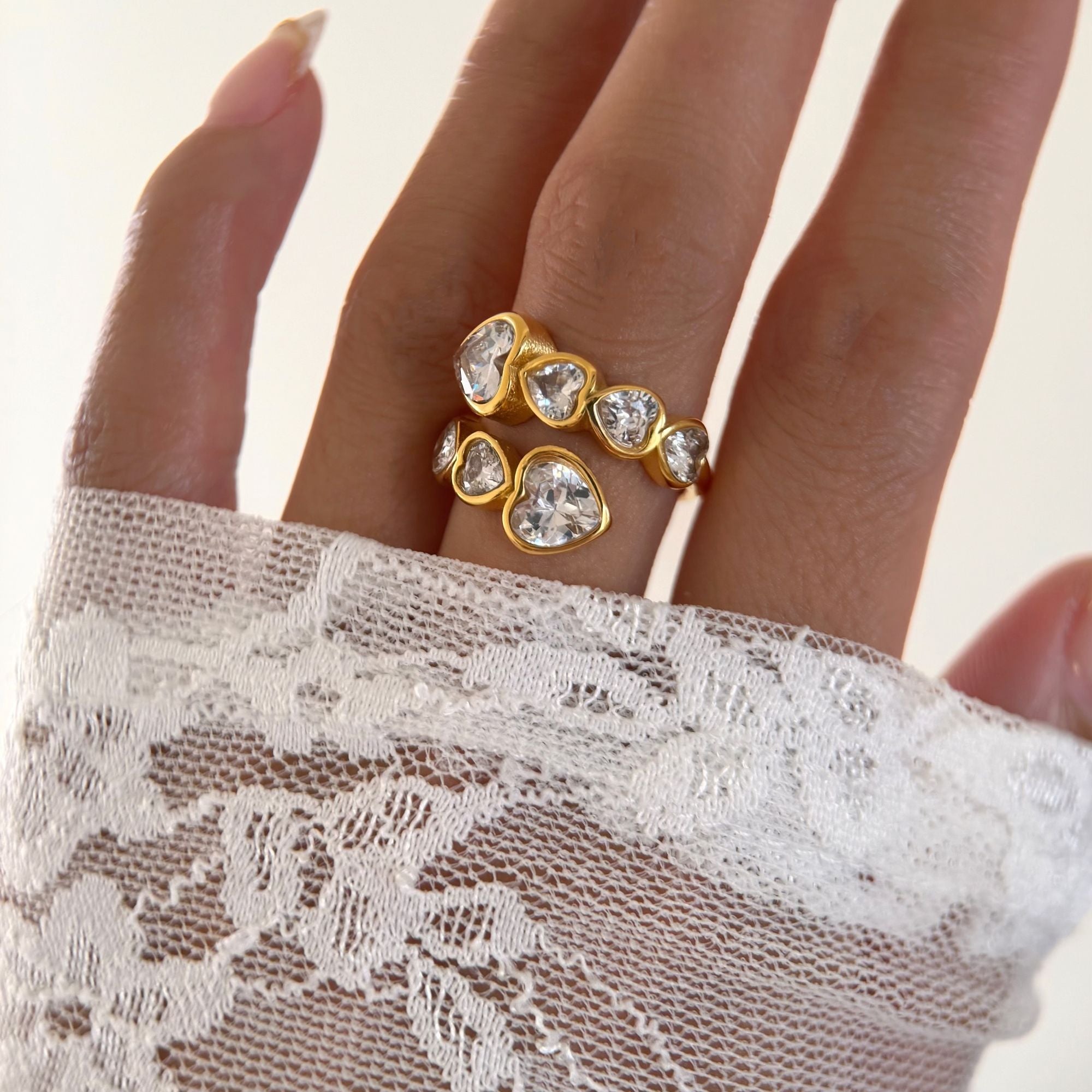 Heart Shape Pave Cubic Zirconia Open Ring 18k gold plated