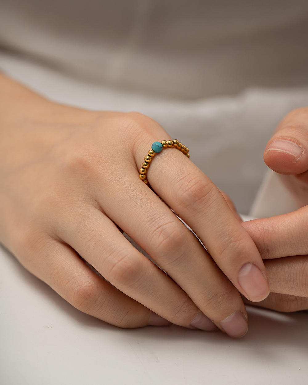 Minimalist - Natural Blue Turquoise Vermilion Beaded Ring