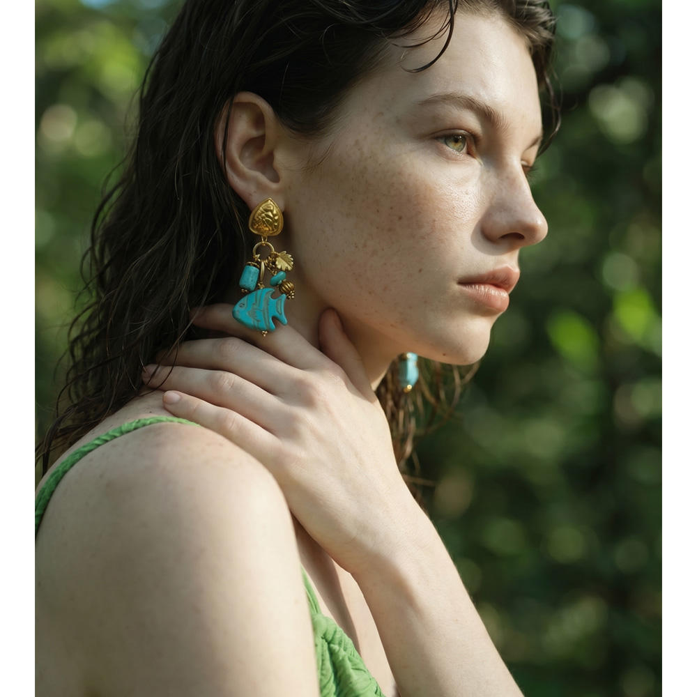 Turquoise Heart & Leaf Statement Earrings