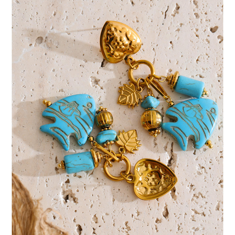 Turquoise Heart & Leaf Statement Earrings