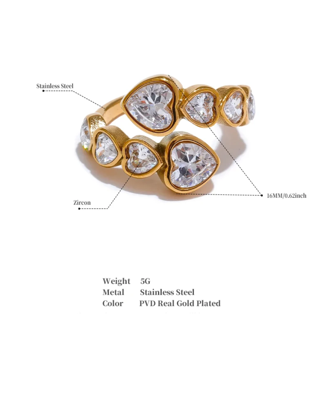 Heart Shape Pave Cubic Zirconia Open Ring 18k gold plated