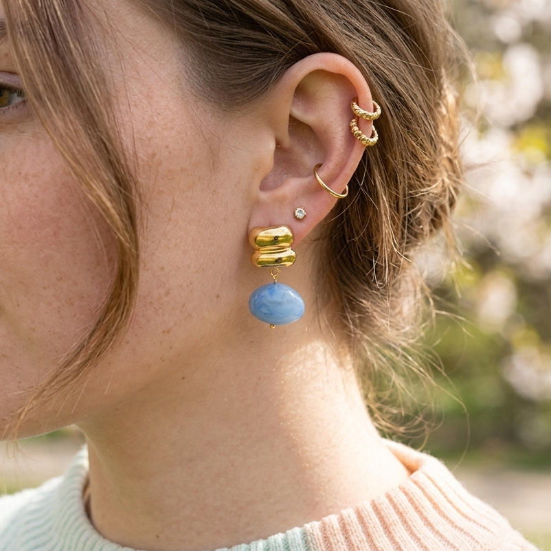 Azure Pebble Drop Earrings – Gold Statement Studs