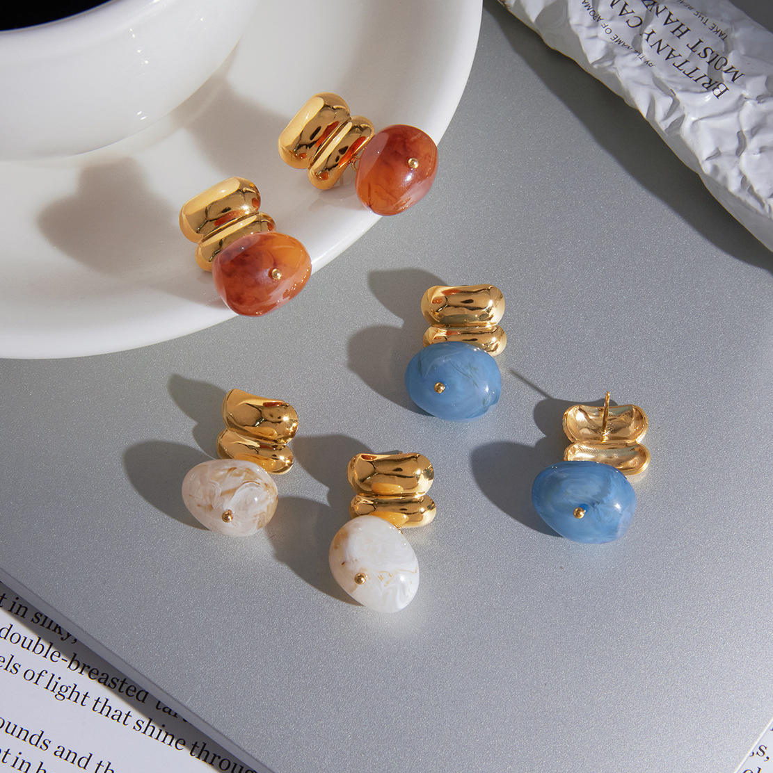 Azure Pebble Drop Earrings – Gold Statement Studs