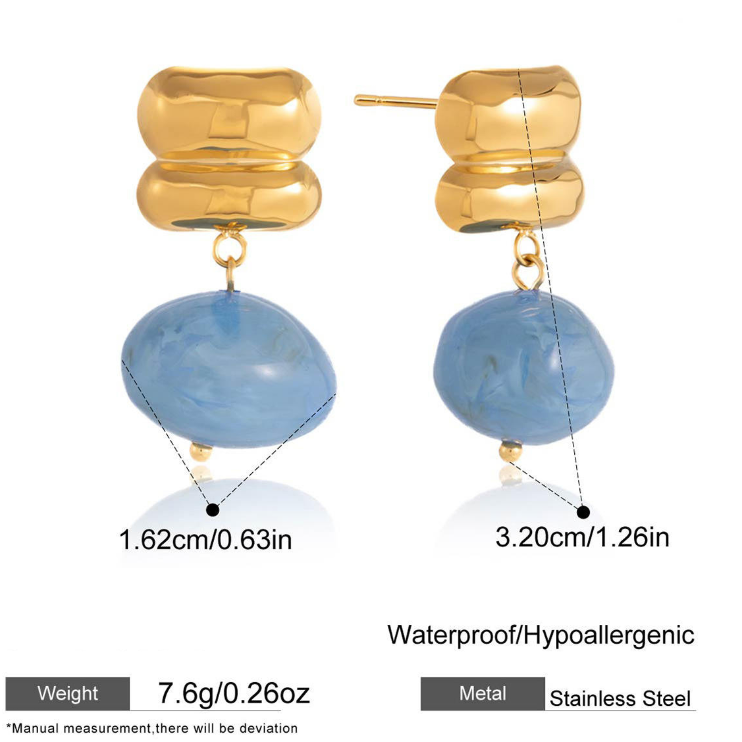 Azure Pebble Drop Earrings – Gold Statement Studs