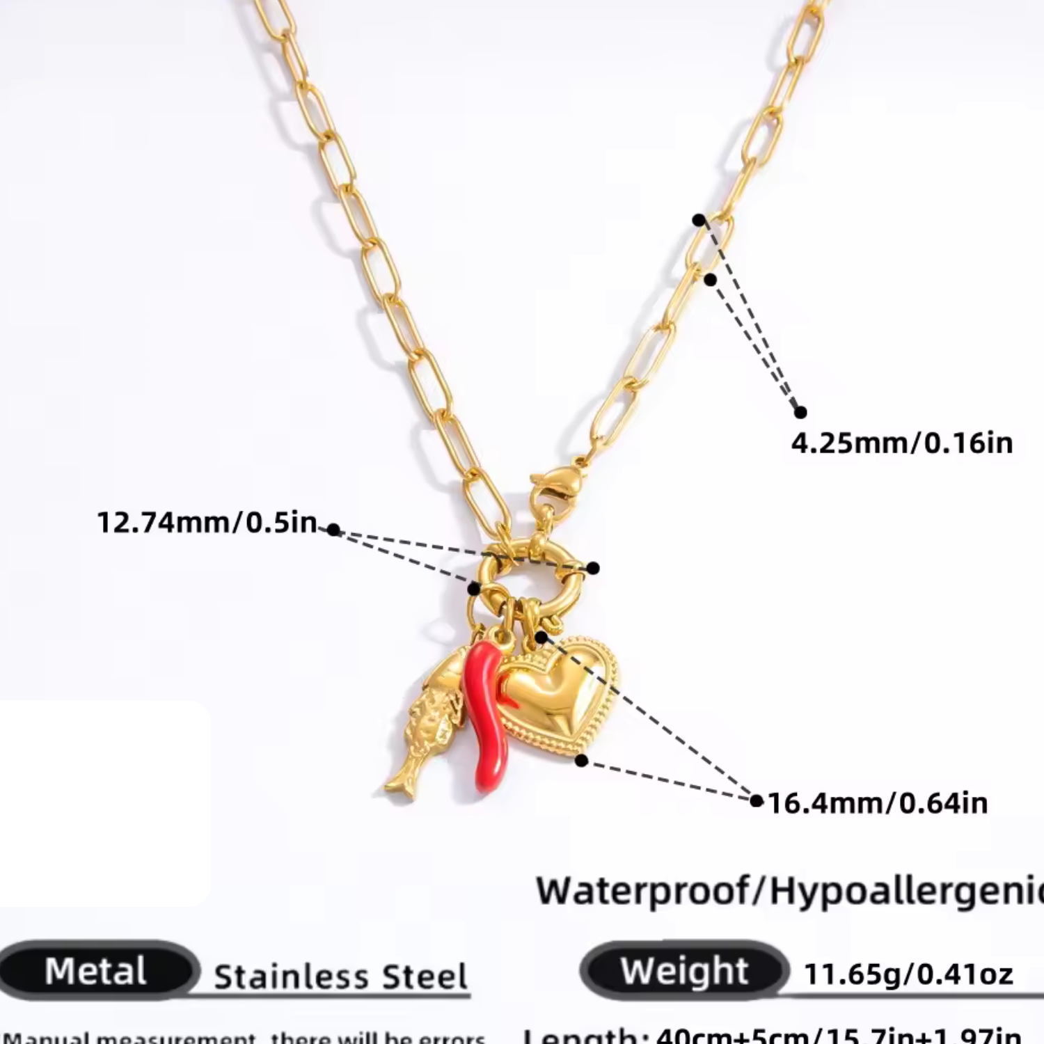 Mediterranean Charm Necklace – 18K Gold Plated Heart, Fish & Red Chili Pendant Chain
