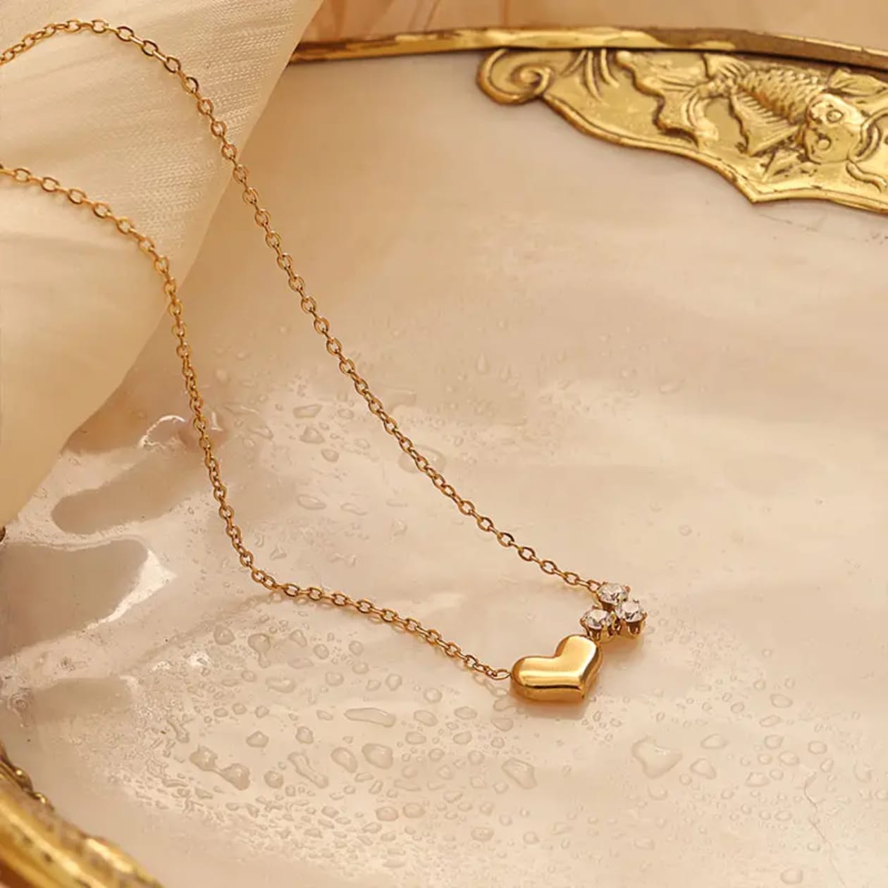 Heart Charm Gold Necklace with Cubic Zirconia