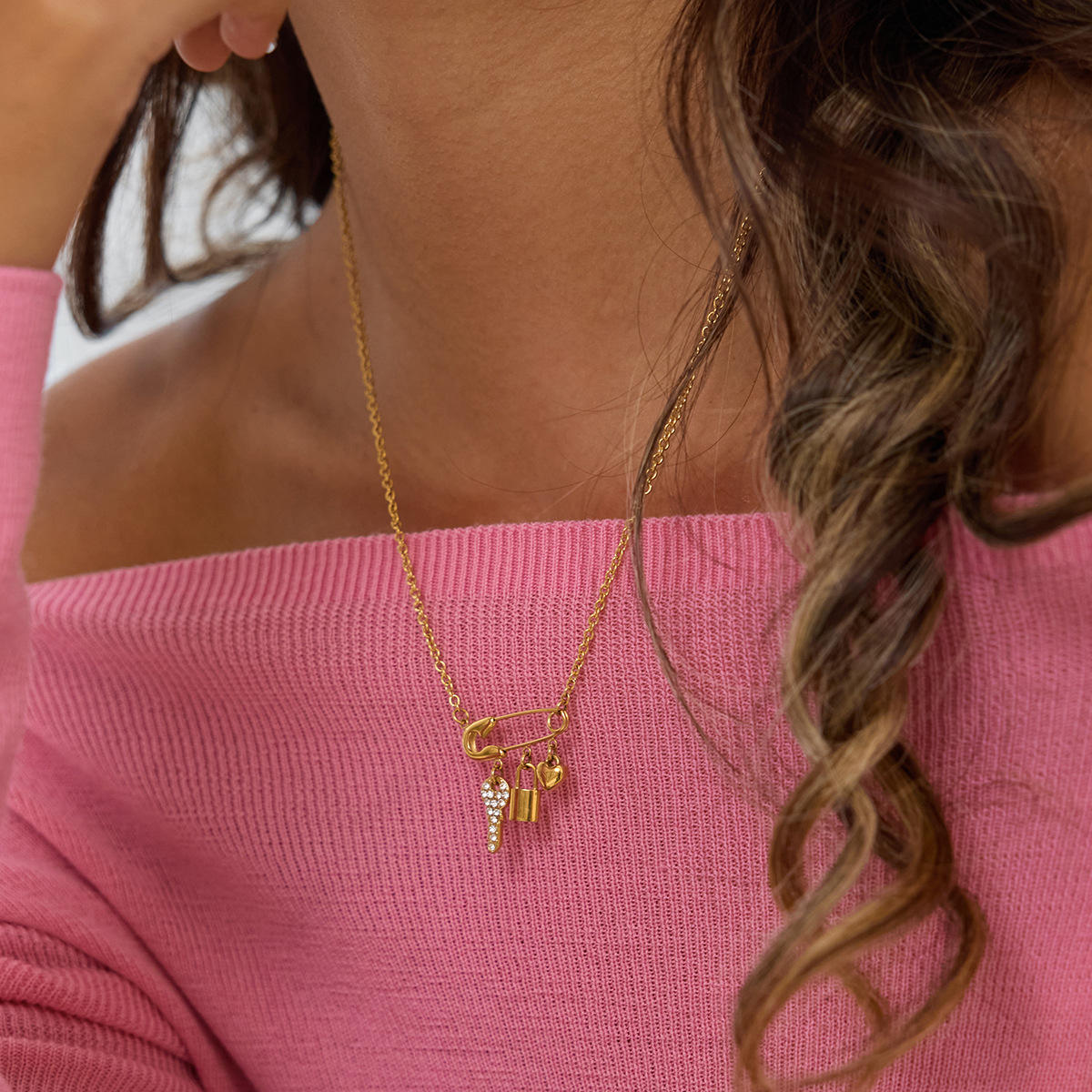 Luna Safety Pin Charm Necklace – 18K Gold Plated Lock, Key & Heart Pendant Chain