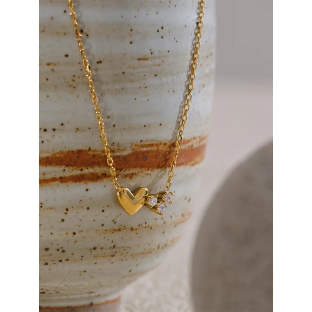 Heart Charm Gold Necklace with Cubic Zirconia