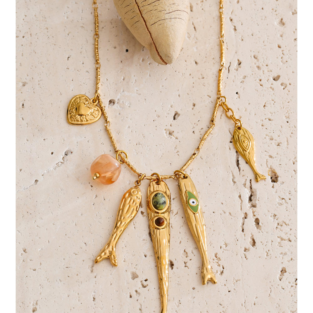 Golden Fish & Feather Charm Statement Necklace