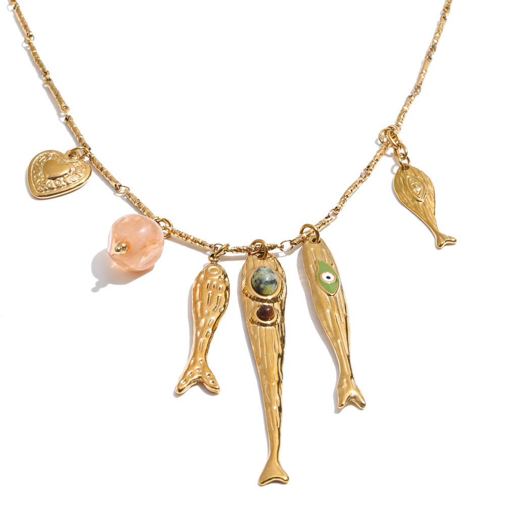 Golden Fish & Feather Charm Statement Necklace