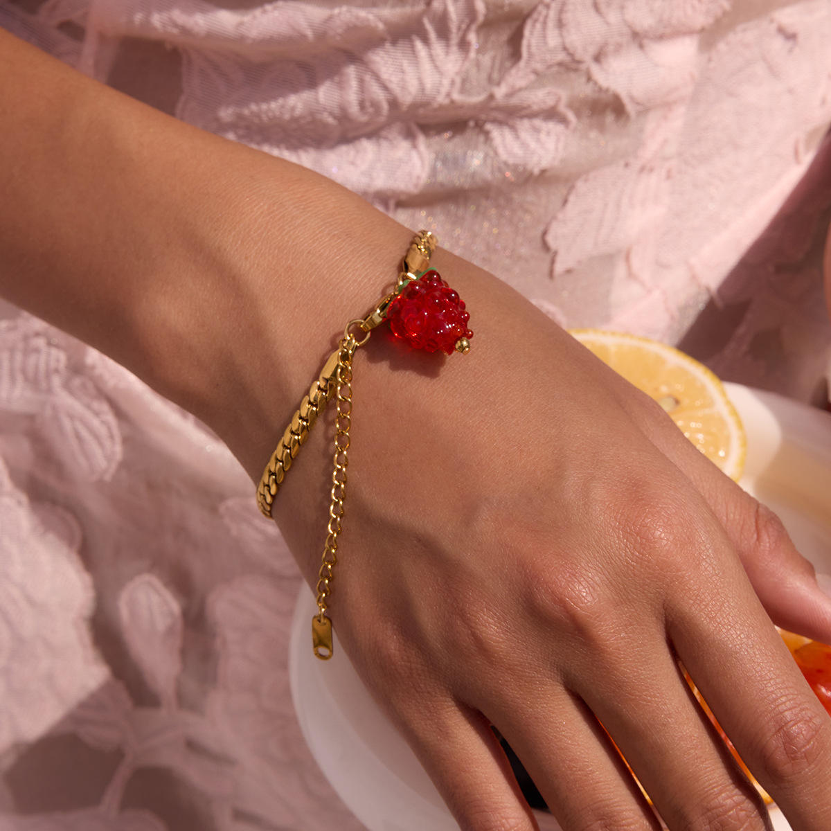 Berry Charm Gold Chain Bracelet – 18K Gold Plated Fruit Charm Bracelet for Women