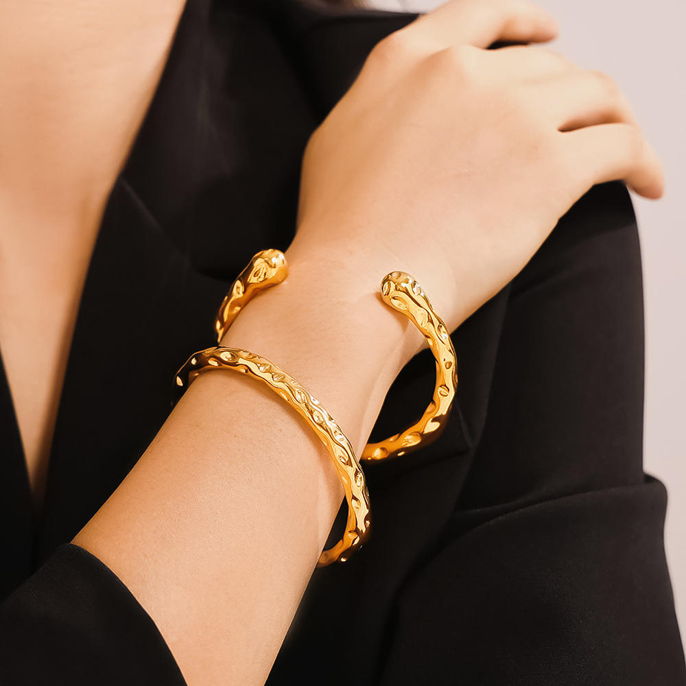 18K Gold Plated Hammered Cuff Bracelet – Waterproof Minimalist Open Bangle for Women