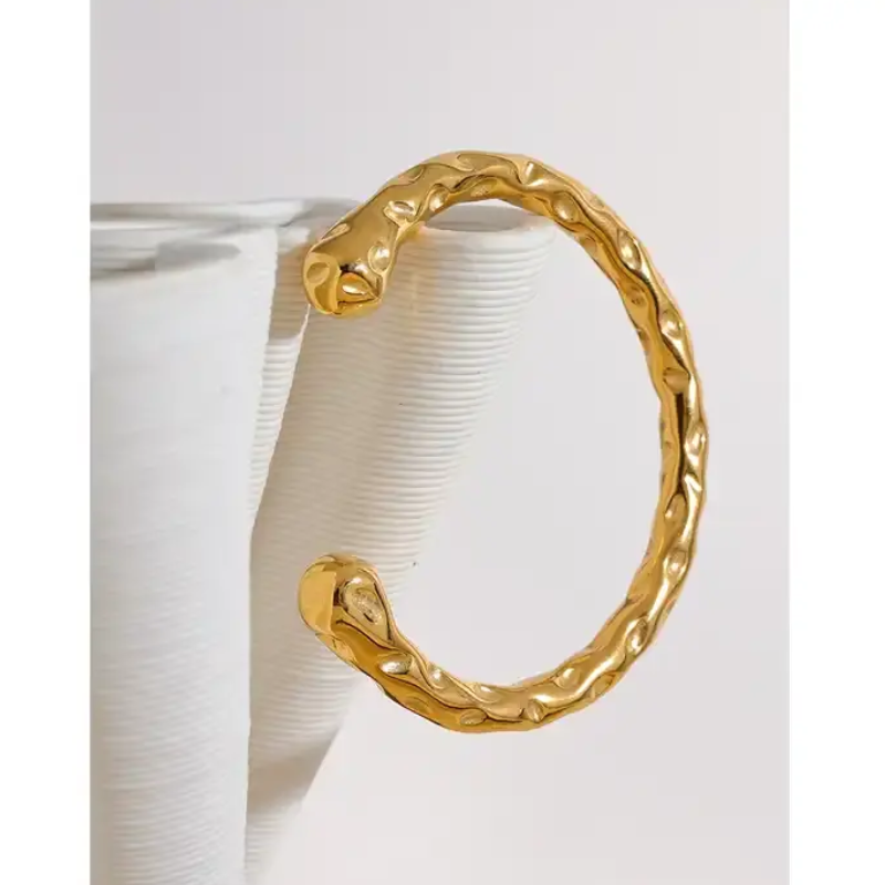 18K Gold Plated Hammered Cuff Bracelet – Waterproof Minimalist Open Bangle for Women