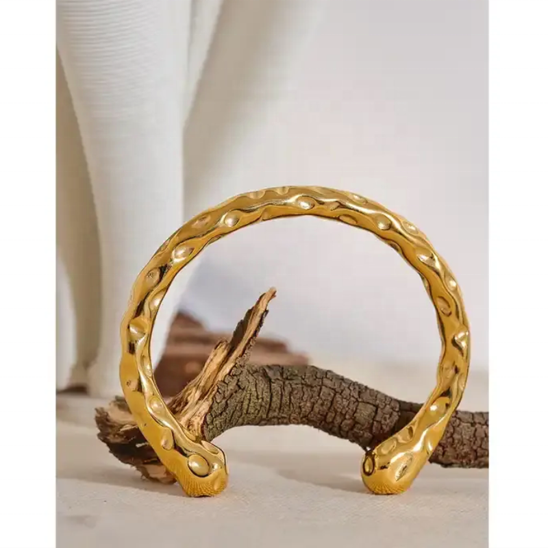 18K Gold Plated Hammered Cuff Bracelet – Waterproof Minimalist Open Bangle for Women