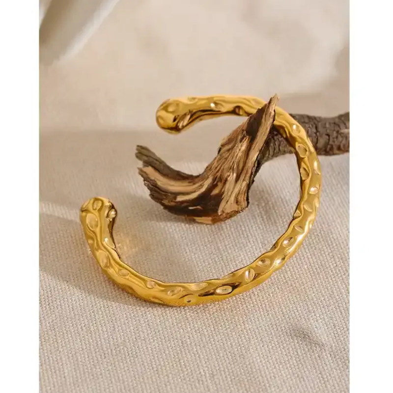 18K Gold Plated Hammered Cuff Bracelet – Waterproof Minimalist Open Bangle for Women