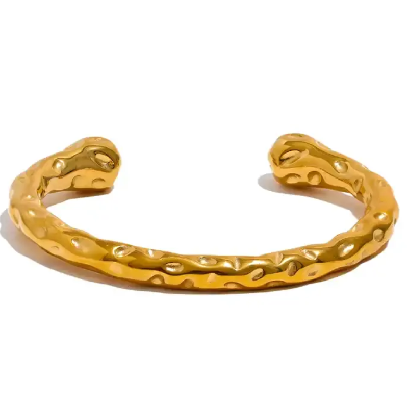 18K Gold Plated Hammered Cuff Bracelet – Waterproof Minimalist Open Bangle for Women