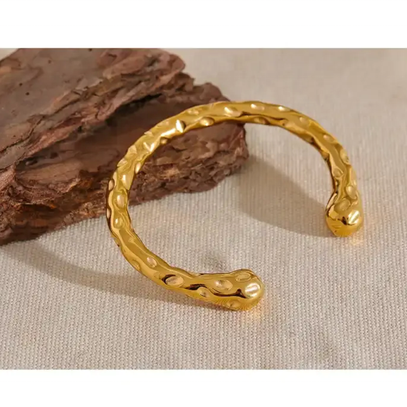 18K Gold Plated Hammered Cuff Bracelet – Waterproof Minimalist Open Bangle for Women