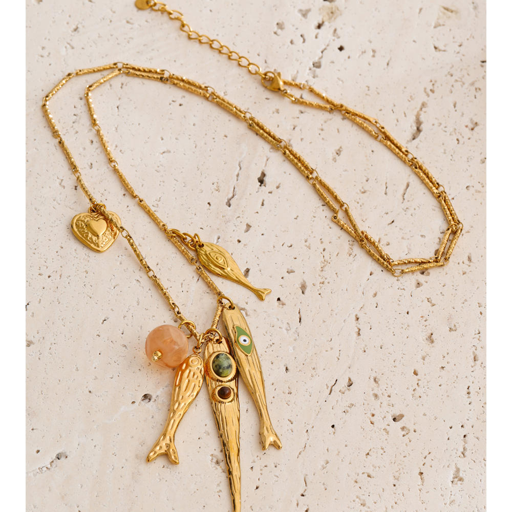 Golden Fish & Feather Charm Statement Necklace
