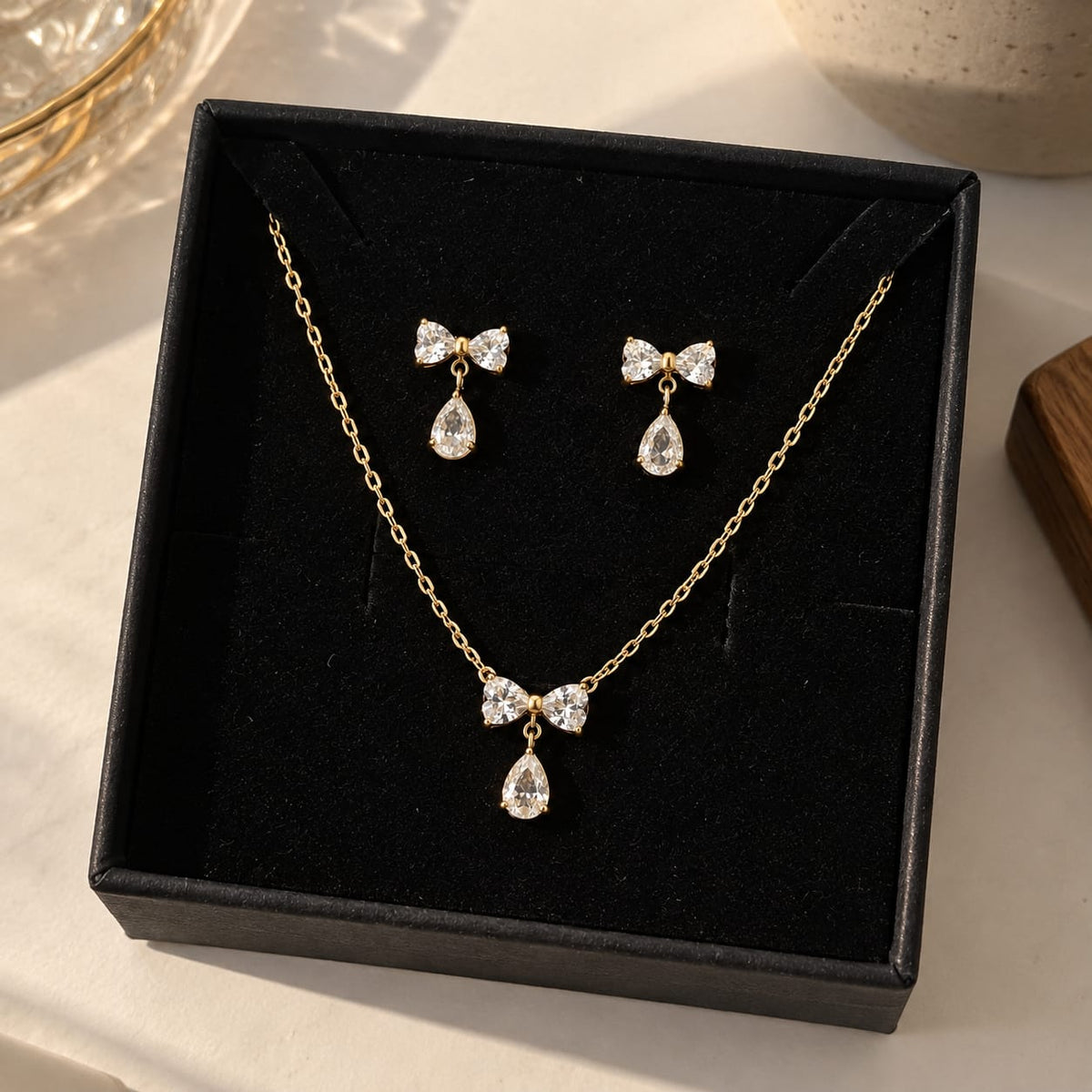 Bow Necklace & Earrings Set | 18K Gold PVD Plated 316L Stainless Steel