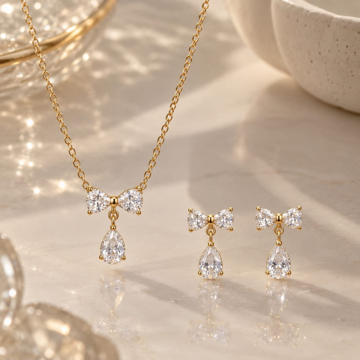 Bow Necklace & Earrings Set | 18K Gold PVD Plated 316L Stainless Steel