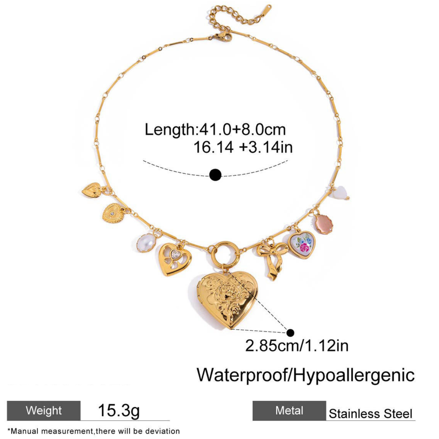 Celeste Multi-Charm Gold Link Chain Necklace – Vintage Heart Pendant Charm Necklace
