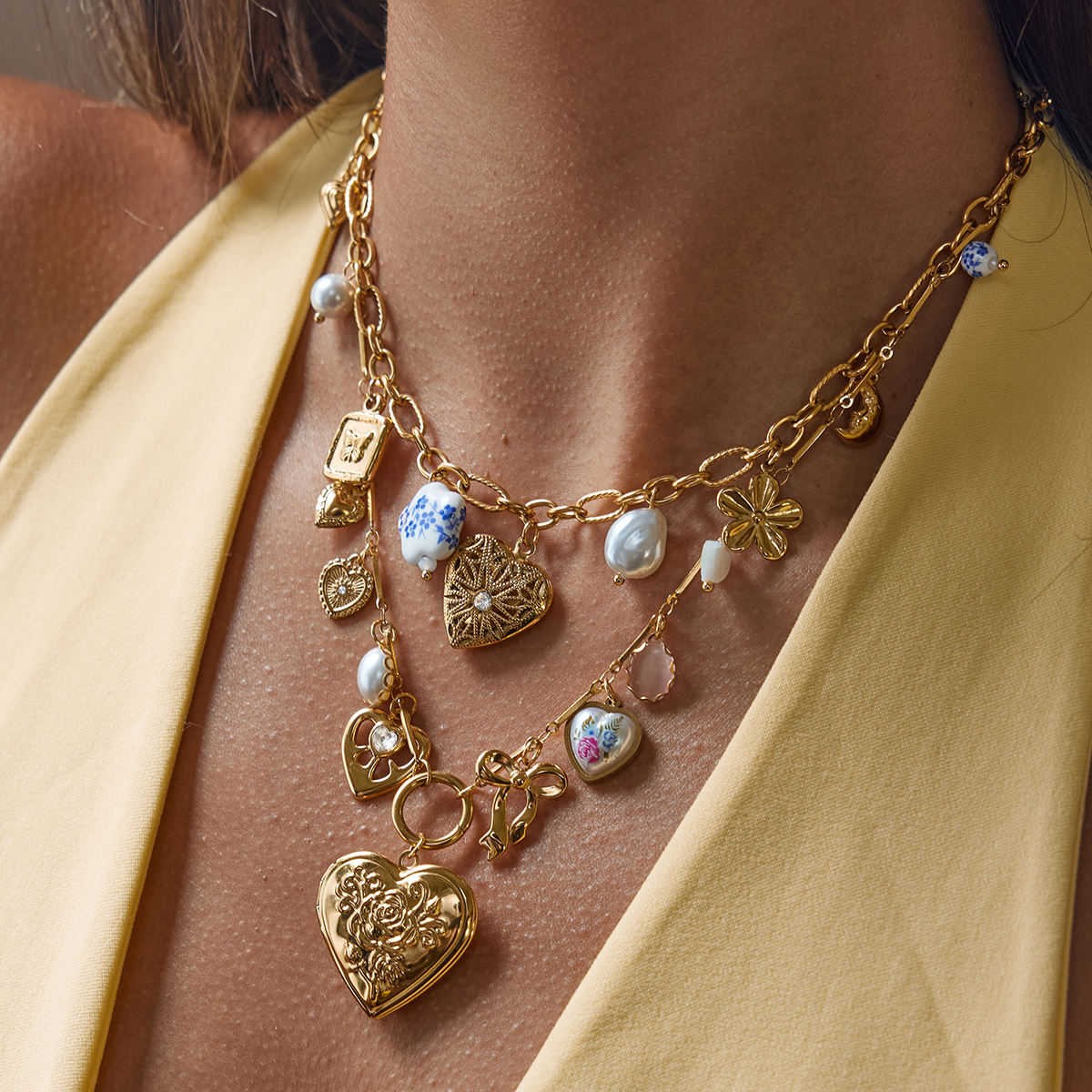 Celeste Multi-Charm Gold Link Chain Necklace – Vintage Heart Pendant Charm Necklace