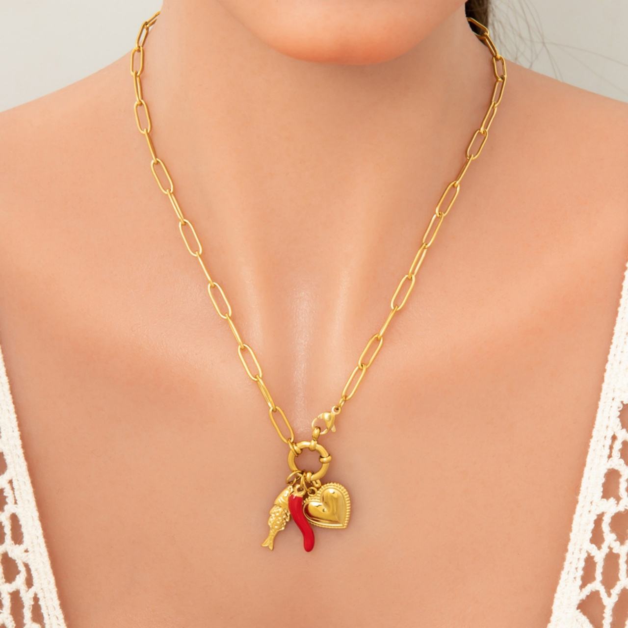 Mediterranean Charm Necklace – 18K Gold Plated Heart, Fish & Red Chili Pendant Chain