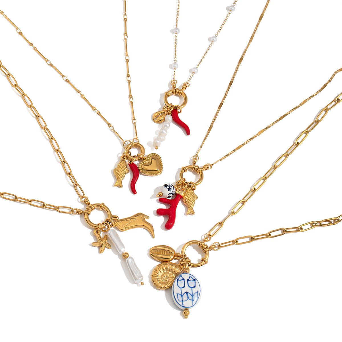 Mediterranean Charm Necklace – 18K Gold Plated Heart, Fish & Red Chili Pendant Chain