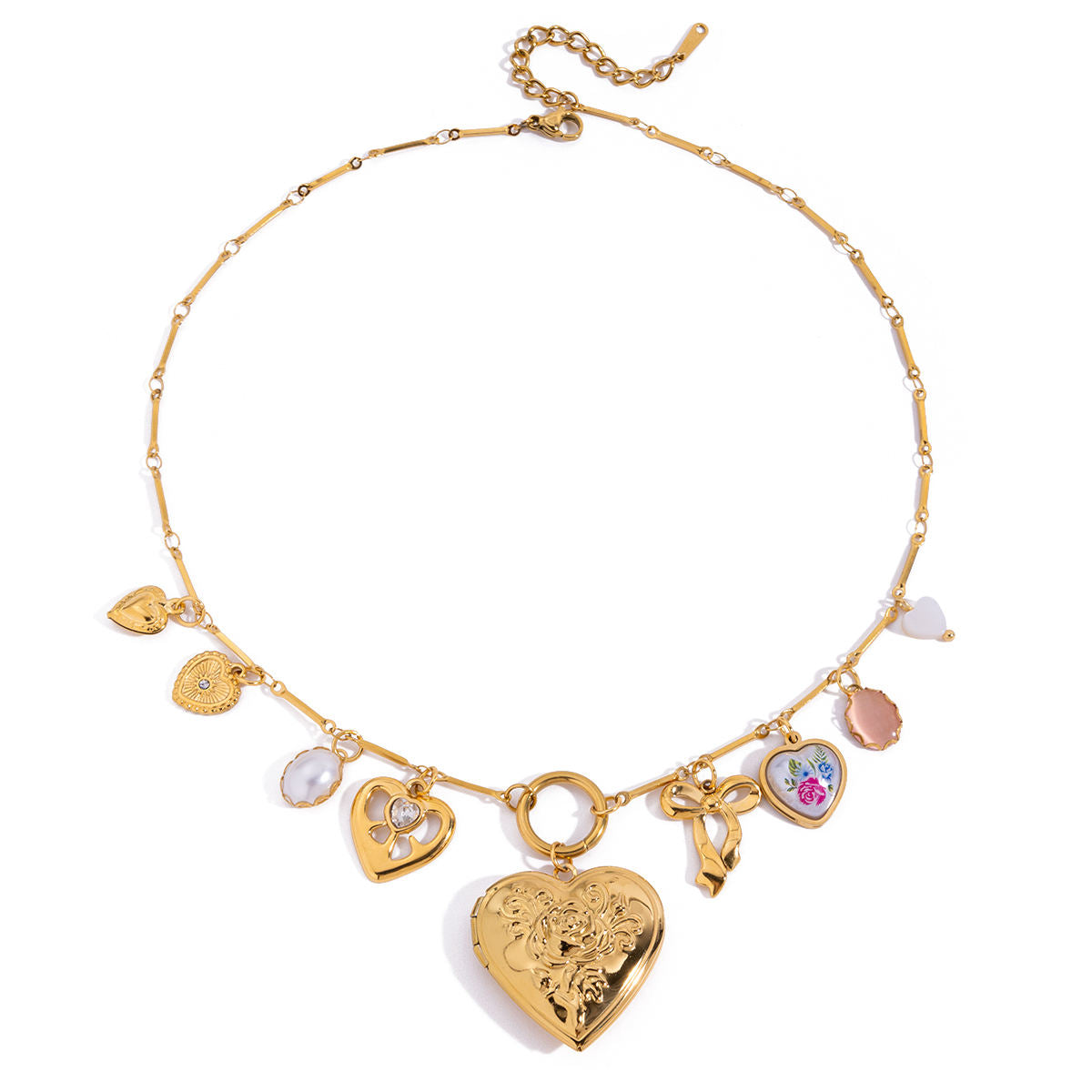 Celeste Multi-Charm Gold Link Chain Necklace – Vintage Heart Pendant Charm Necklace