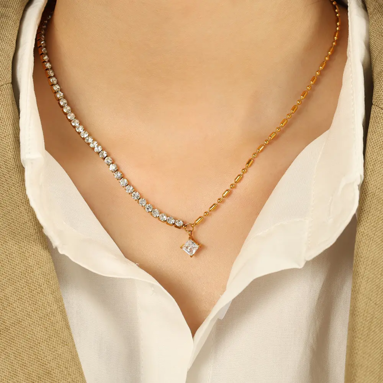 Luna Diamond Row Necklace– 18K Gold Thick Plated - White