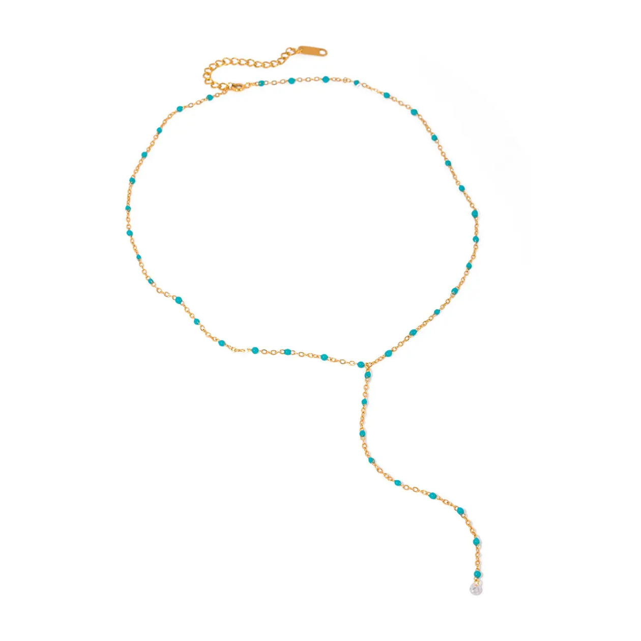 Aurelia Teal Bead Y-Drop Tassel Necklace – 18K PVD Gold Plated