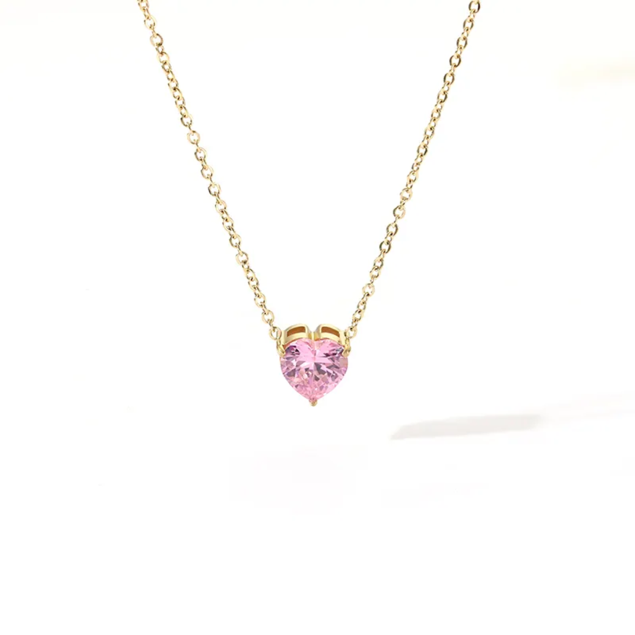 Dainty Pink Heart Pendant Necklace – 18K Gold Plated
