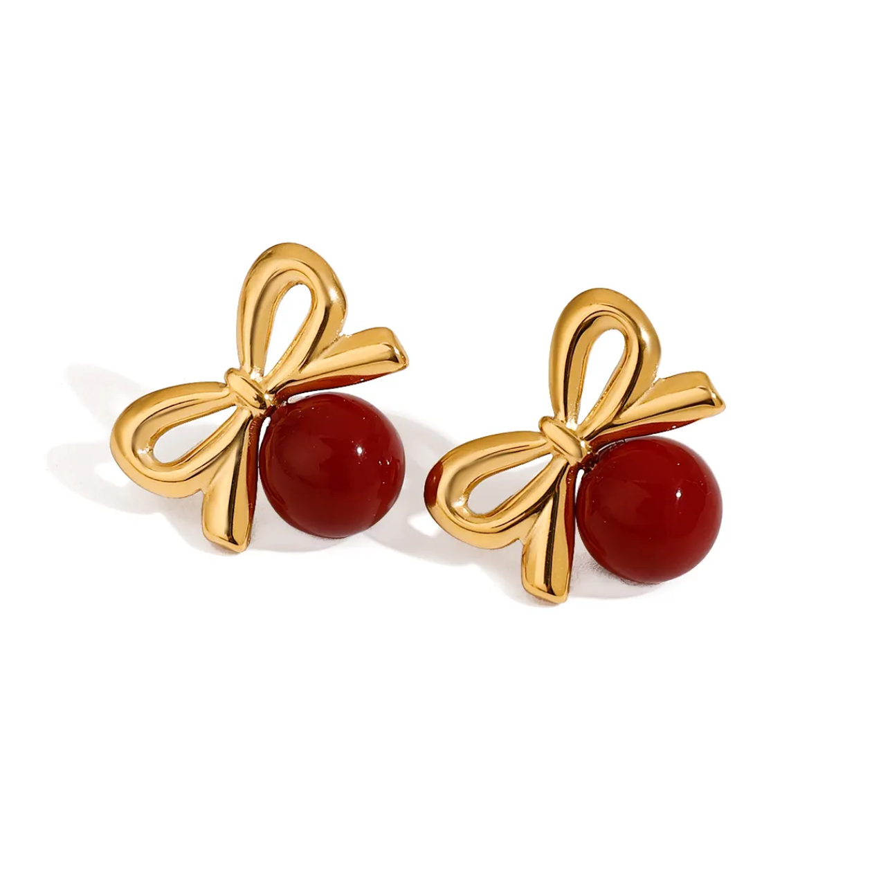 Golden bow red Stud Earrings– 18K Gold -PVD plated