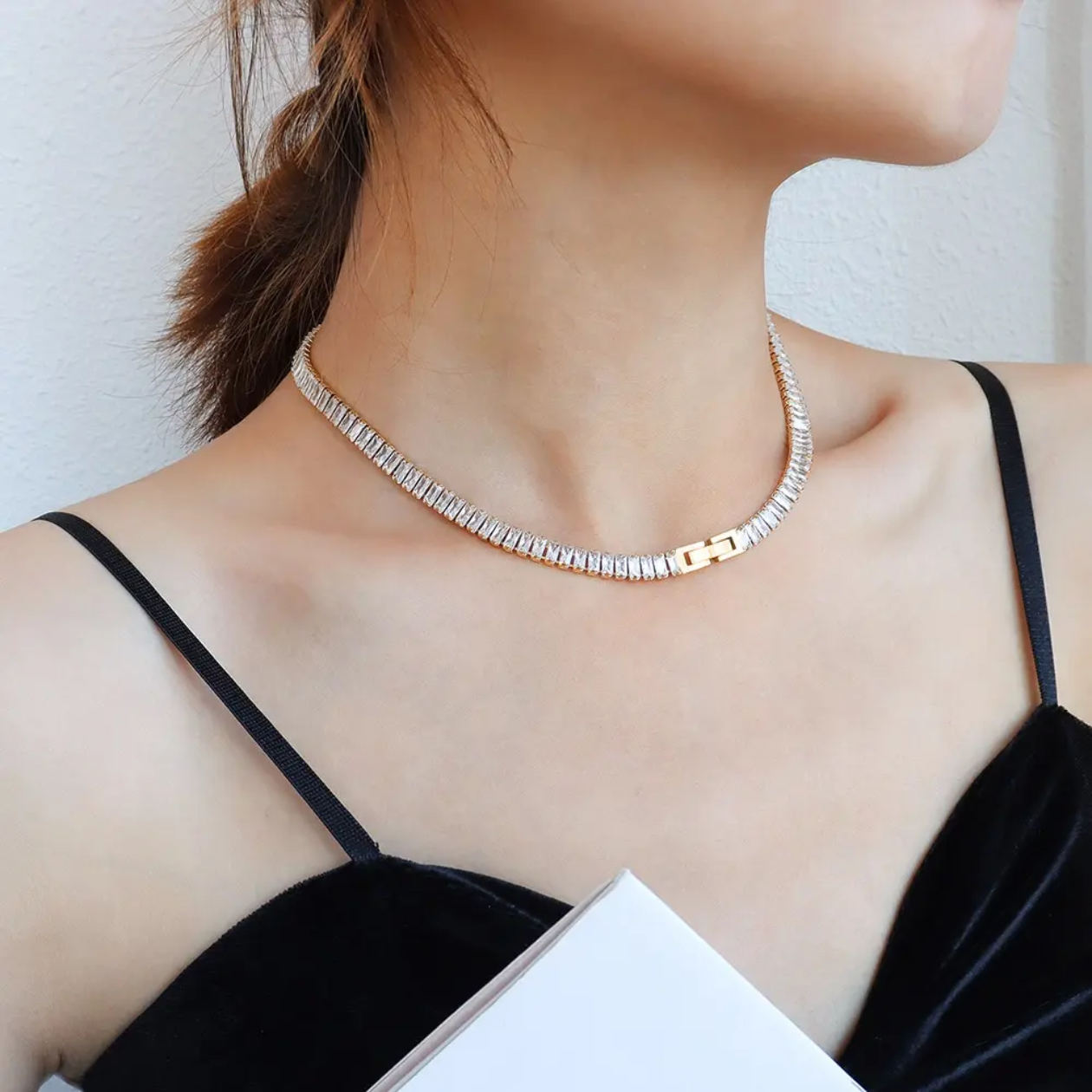Millie -Emerald Baguette Tennis Necklace – 18K Gold Thick Plated - White