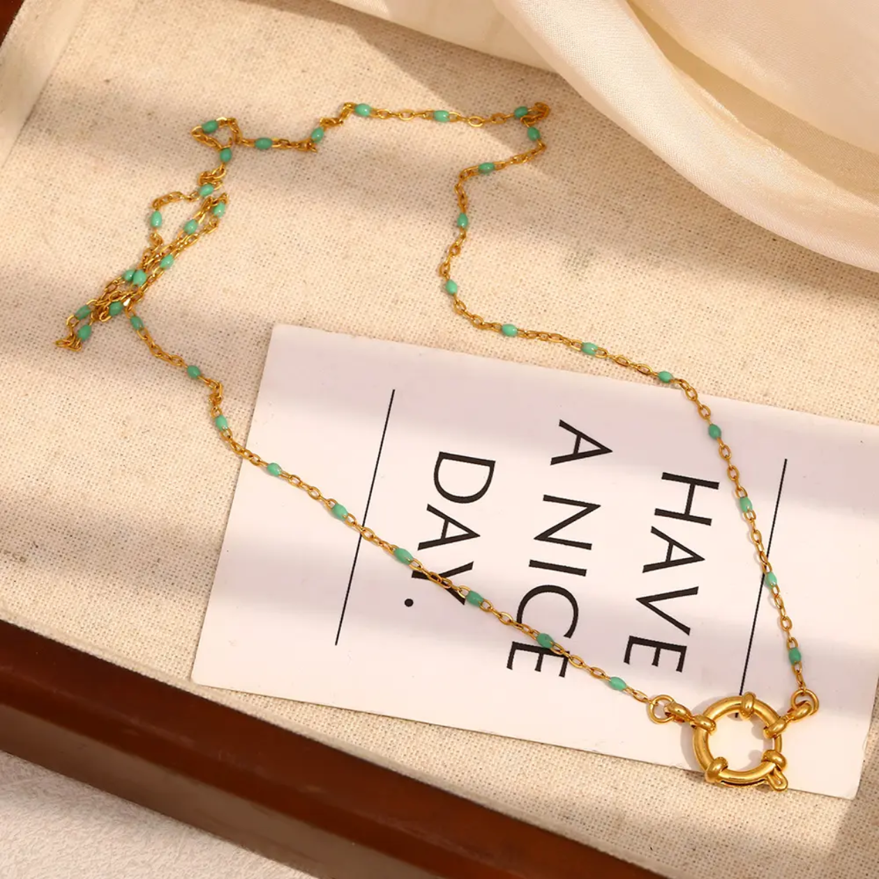 Solene Beaded Circle Clasp Necklace – 18K Gold Plated