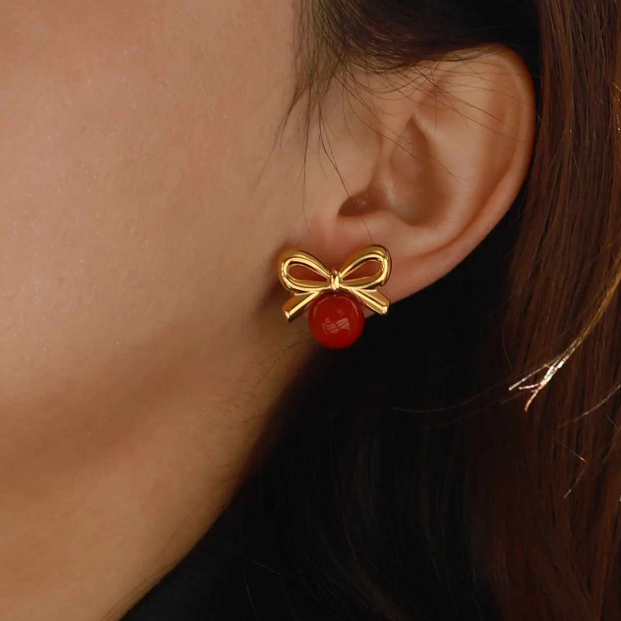 Golden bow red Stud Earrings– 18K Gold -PVD plated