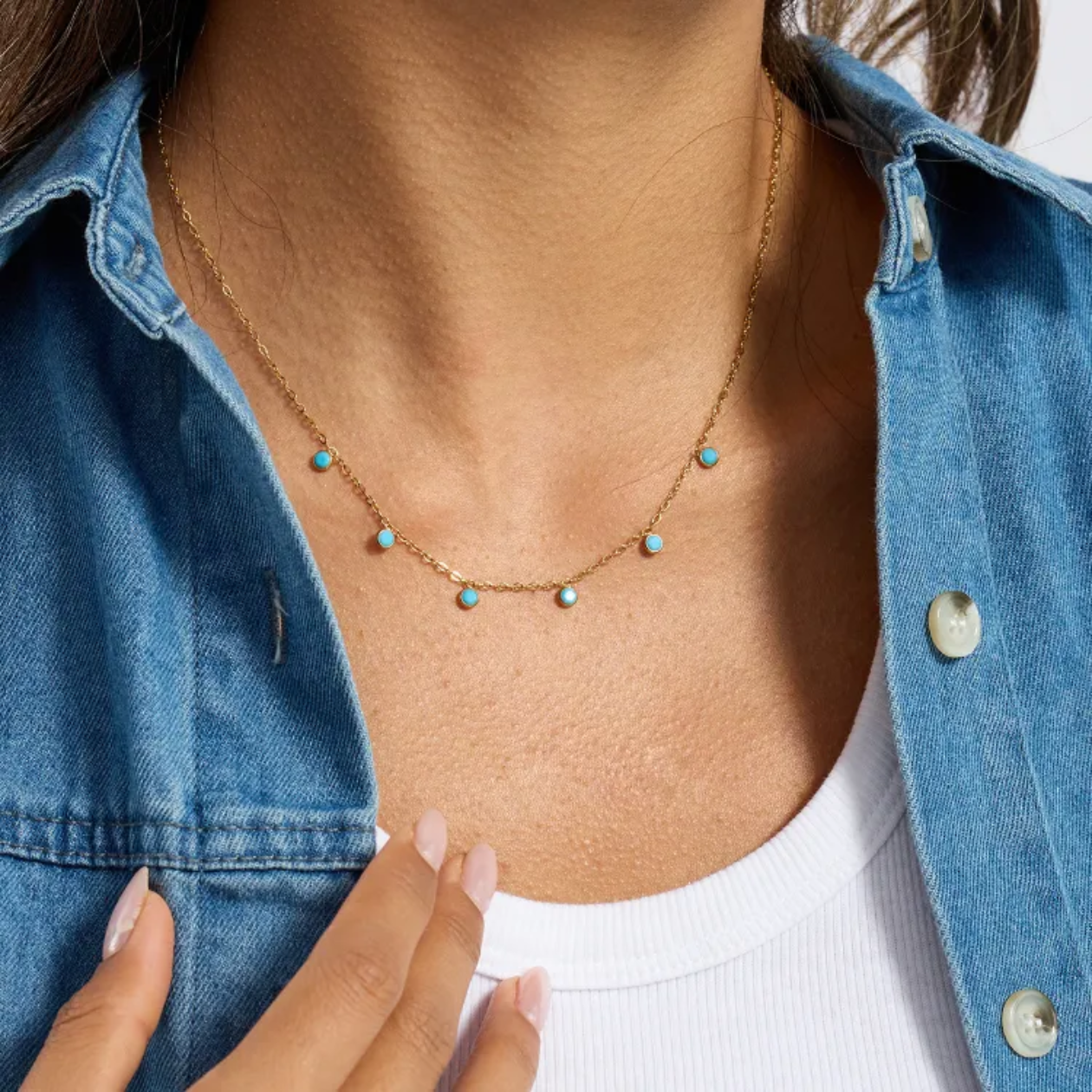 Dainty Gold Necklace with Turquoise Charms -18k gold plated