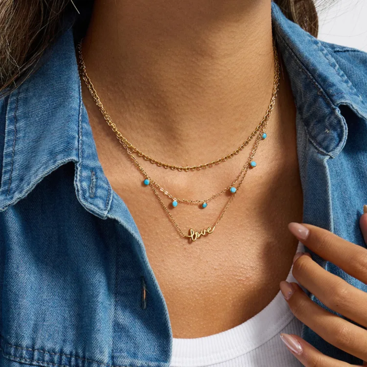 Dainty Gold Necklace with Turquoise Charms -18k gold plated