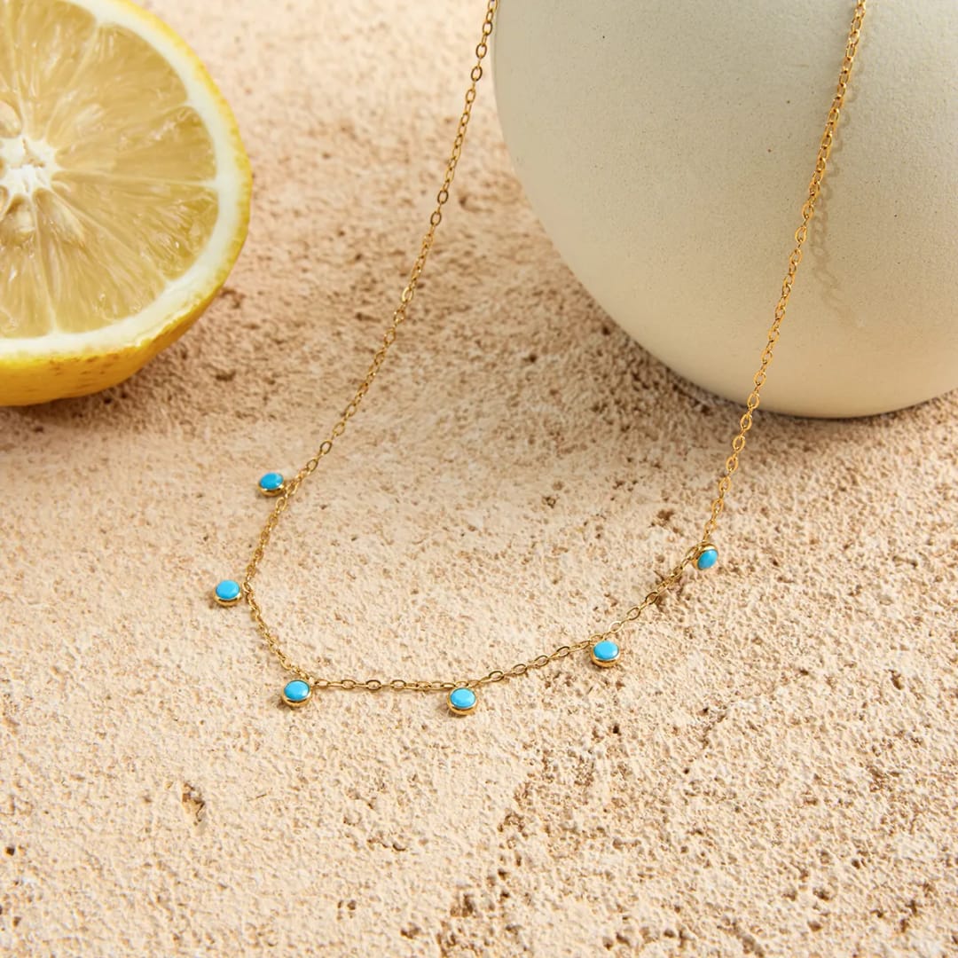 Dainty Gold Necklace with Turquoise Charms -18k gold plated